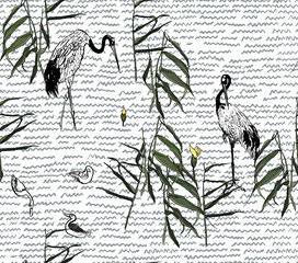 Pond with Lotus Flowers and Water Plants, Japanese Crane, Exotic Birds in Water Oriental Seamless Pattern