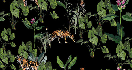 Night Jungle Seamless Pattern, Tiger and Leopard in Big Leaves Plant with Pink Flowers and Hoopoe Bird on Dragon Tree, Black Background - 329775337