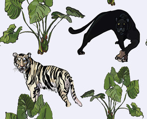 Tiger and Pantera in Tropical Bushes Isolated Elements, Oriental Textile Print © Irina