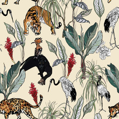 Fototapety  Wildlife Heron, Cockatoo Birds and Tiger, Pantera Animals in Exotic Plants Tropical Jungle Banana Trees Oriental Illustration