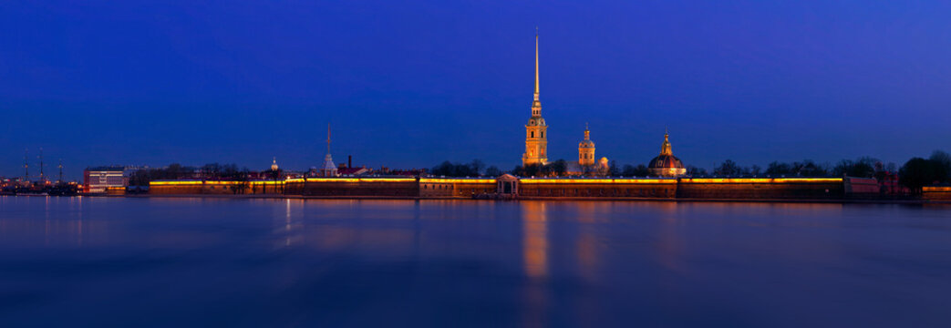Panorama of Peter and Paul fortress (Petropavlovskaya krepost), Saint Petersburg before dawn
