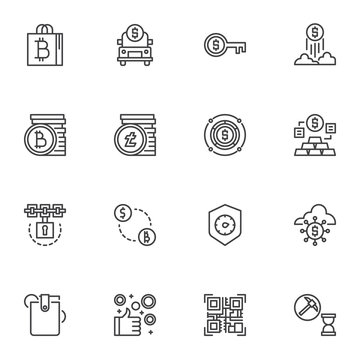Cryptocurrency and Blockchain line icons set. linear style symbols collection, Financial technology outline signs pack. vector graphics. Set includes icons as fintech, digital money storage, payment