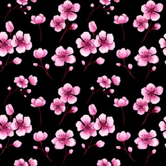 Seamless cherry blossom pattern. Hand drawn sakura blossom background illustration. Pink cherry flowers pattern for print, fabric, greeting cards, wedding, wrapping paper. Black flower pattern.