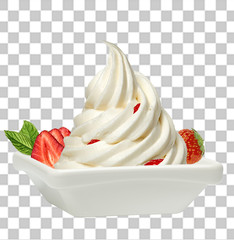 Frozen yogurt or soft vanilla ice cream with strawberries in bowl on isolated background including clipping path