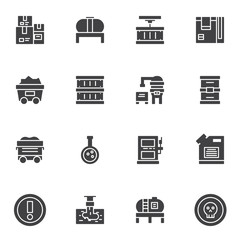 Oil industry vector icons set, modern solid symbol collection, filled style pictogram pack. Signs, logo illustration. Set includes icons as fuel tanker, wheelbarrow, machine oil canister, gas station