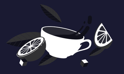 Tea time black color. tea leaves, tea, cup, glass, isometric illustration, set