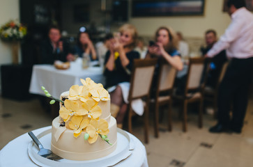 A delicious fresh wedding cake stands on a table. Photography, concept.