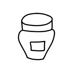 The jar of cream in the style of Doodle.Outline image isolated on a white background.Black and white illustration.Products for beauty and health.Vector illustration
