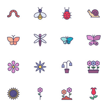 Springtime fauna filled outline icons set, line vector symbol collection, linear colorful pictogram pack. Signs, logo illustration, Set includes icons as spring flowers, animals, insects, butterfly