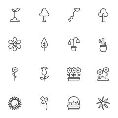 Spring flowers line icons set. linear style symbols collection, outline signs pack. vector graphics. Set includes icons as growing plant in soil, tree, houseplant, cactus, flower pot, leaf, sprout