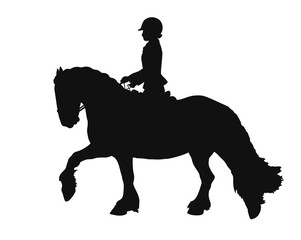 Young girl riding a Friesian horse, vector silhouette