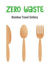Set of reusable bamboo travel Cutlery: knife, spoon, fork with lettering "Zero Waste". No plastic. The concept of zero waste. Vector stock illustration on a transparent background.