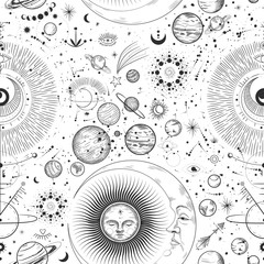 Vector illustration set of moon phases. Different stages of moonlight activity in vintage engraving style. Zodiac Signs © chikovnaya
