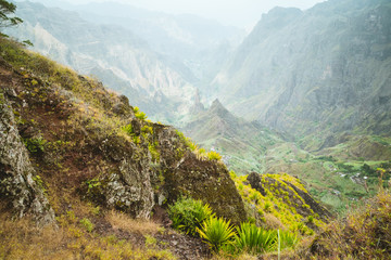 Naklejka premium Travel holiday vacation Santo Antao island, Cape Verde. Lombo de pico in Xo Xo Valley on hiking route trail over Rabo Curto to Ribeira da torre