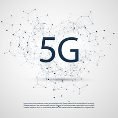 5G Network Label with Wireframe Mesh - High Speed, Broadband Mobile Telecommunication and Wireless IoT Systems Design Concept
