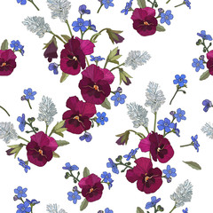 Vector floral seamless pattern with red pansies, and forget me not flowers