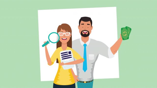 business couple with money and magnifying glass