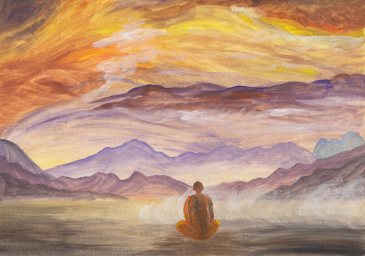 Acrylics painting of asian mountains & meditating Buddhist monk in orange robe. Hand drawn oriental style landscape with layers of rocks. Concept for decoration, relax, restore, meditation background.