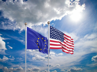United States of America vs European Union. Thick colored silky flags of America and European Union. 3D illustration on sky background. - Illustration