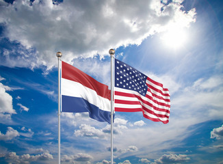 United States of America vs Netherlands. Thick colored silky flags of America and Netherlands. 3D illustration on sky background. - Illustration