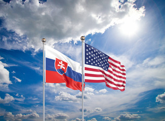 United States of America vs Slovakia. Thick colored silky flags of America and Slovakia. 3D illustration on sky background. - Illustration
