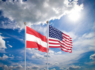 United States of America vs Austria. Thick colored silky flags of America and Austria. 3D illustration on sky background. - Illustration