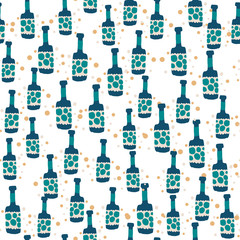 Alcohol rum bottles on white background. Doodle glass bottle seamless pattern.