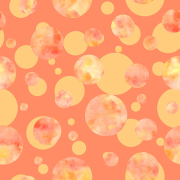 Watercolor red-yellow circles on orange-coral  background. Seamless pattern. Watercolor stock illustration. Design for backgrounds, wallpapers, textile, covers and packaging.