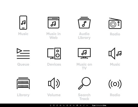 Music Stream Service icons. Music in Web, Radio, on TV, Devices, Search Tracks. Editable line vector set