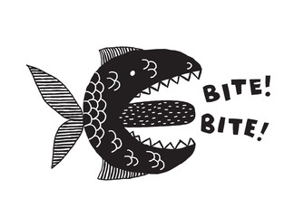 A fictional monster fish with an open mouth and tongue. Phrase Bite. Conceptual design for t-shirts and other merch. Black and white illustration.