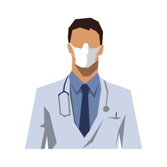 Doctor with respirator, isolated flat design vector illustration. Coronavirus specialist, prevention