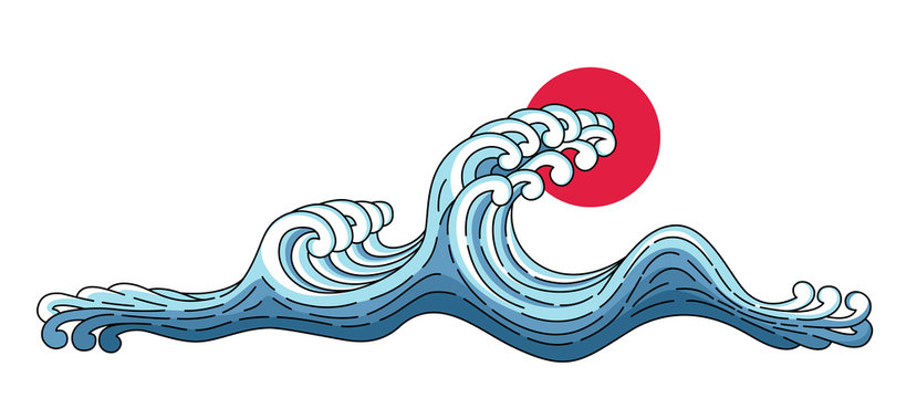 Wave and big red sun. Vector Japan wave isolated on a white background. Japanese oriental style vector art illustration. Japan, asian ocean blue wave.