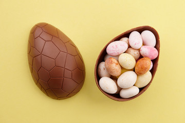 Chocolate Easter eggs with colorful candies