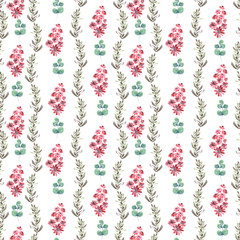 Watercolor seamless pattern with spring flowering plants. Red flowers, branches and leaves