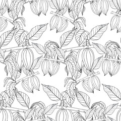 Cacao tree monochrome seamless pattern on white art design stock vector illustration for web, for print, product design, cover