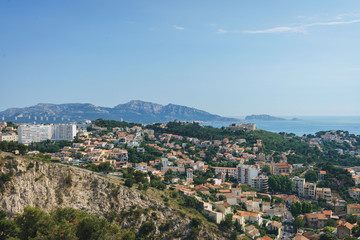 Fototapeta na wymiar High Angle View Of Marseille Cityscape Against Clear Sky