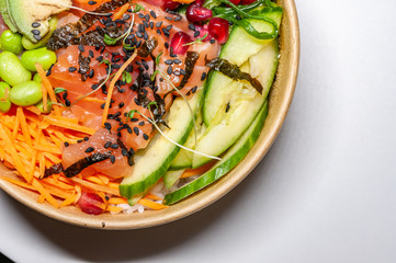 Closeup of salmon poke bowl