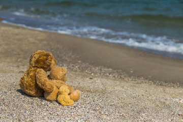 Happy family on summer vacation at seaside concept. 3 cute brown teddy bears sit at tropical beach near wavy blue marine water like real family hugging. Toy father, mother and child. Focus at bears.