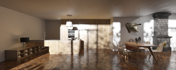 Scandinavian interior with wood kitchen and dining room and vintage fireplace with daylight 3d render