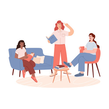 Group Of Woman Sitting On Sofa And Listening To Girl Reading Book. Books Lover Club Vector Landing Page