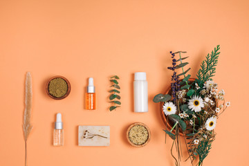 Fototapeta na wymiar Modern apothecary concept. Herbs, collagen and essential oils in still life compositions