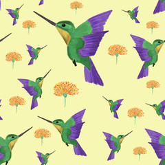 seamless pattern with colorful birds/colibri and tropical orange flowers on light yellow background. Tropical summer print. packaging, wallpaper, textile, fabric design