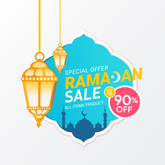 Editable Ramadan special offer promotion banner design with gold lantern and mosque background vector illustration