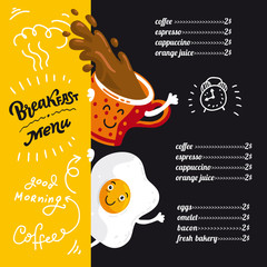 Vector design Breakfast menu with calligraphy lettering. Flat chalk illustration of coffee cup, egg. Funny cartoon characters. Template Menu board.