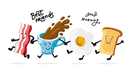 Breakfast time, best friends. Vector placemat or poster with calligraphy lettering. Flat chalk illustration of dancing coffee cup, bacon, toast, egg. Cafe menu template