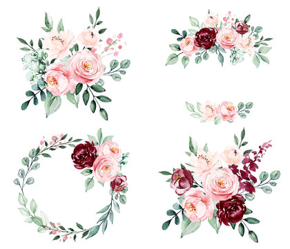 Roses, set watercolor flowers painting, floral vintage bouquets illustrations. Decoration for poster, greeting card, birthday, wedding design. Isolated on white background.