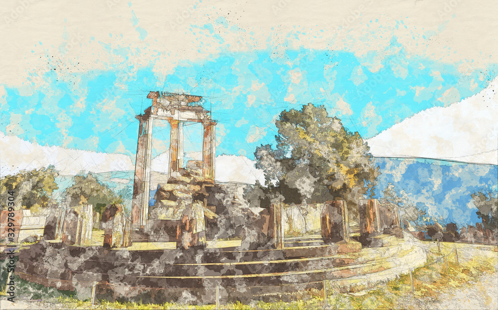 Wall mural Vintage postcard sketch of ruins Athina Pronaia temple in Ancient Delphi, Greece