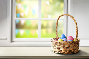 Easter table background of free space and white window background. 