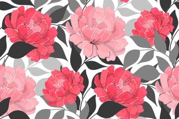 Vector floral seamless pattern. Pink peonies, grey leaves isolated on white background. For home textiles, fabric, wallpaper design, accessories, digital paper.