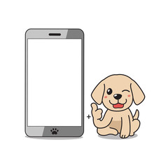 Cartoon vector character cute golden retriever puppy dog with smartphone for design.